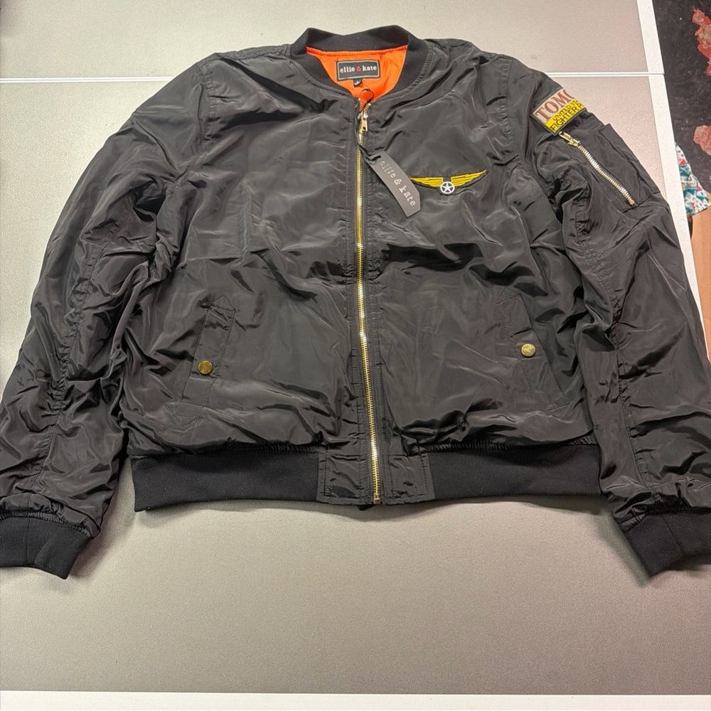 Ellie & kate Black Bomber‎ Jacket Embroidered Patch Full Zip Army Theme Sz Large